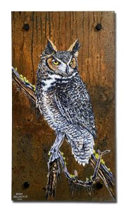 Great Horned Owl on Limb on Sheet Metal Patinated by Us - 13.5" x 24.5"