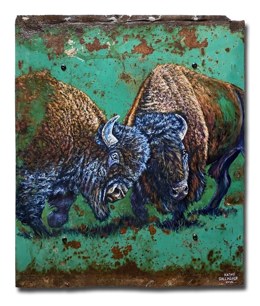 "Not Seeing Eye to Eye" Buffalo on Green/Rust Panel 20" x 23"