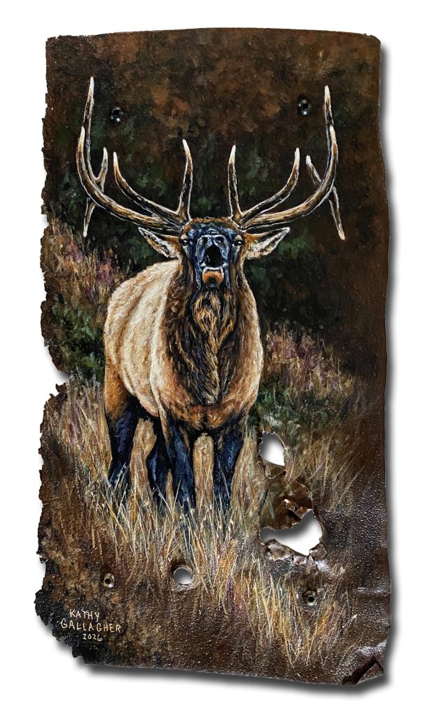 "Call to Arms" Bull Elk on Rusted Metal Panel 10" x 18"