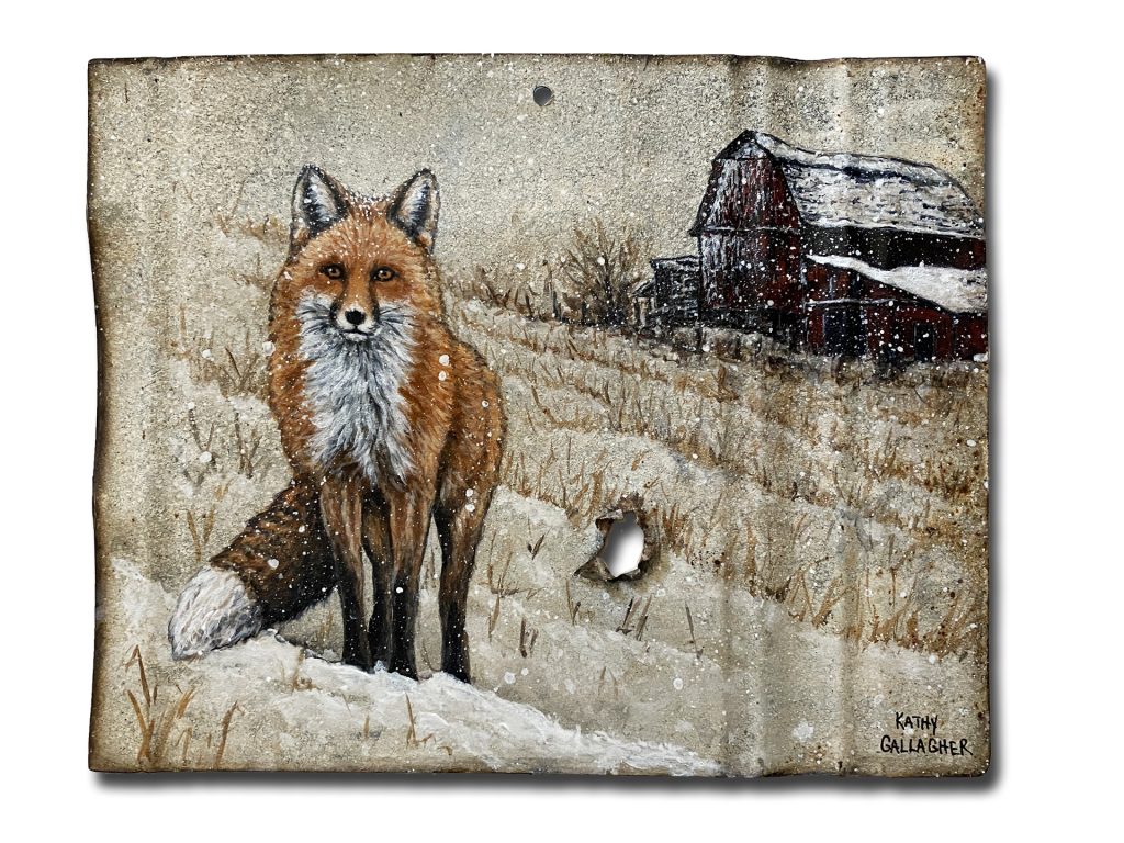 Snow Fox and Barn on Rusted Galvanized Metal - 10" x 8"