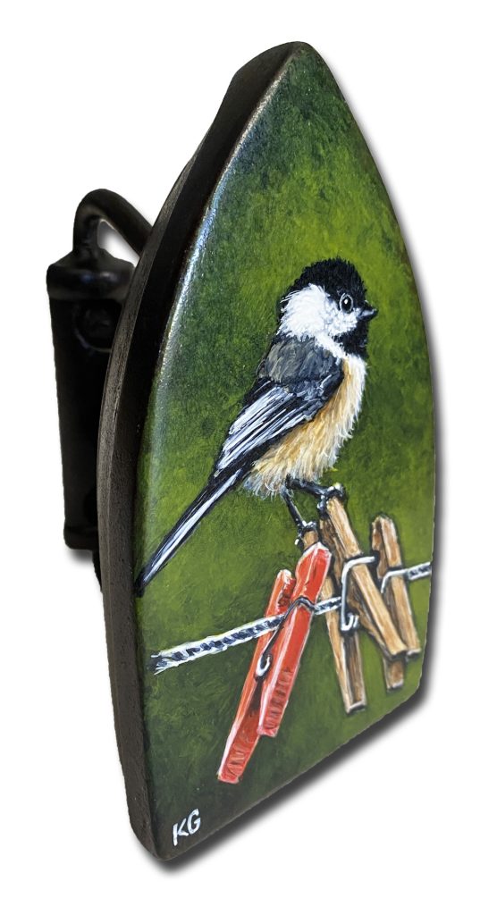 Chickadee and Clothes Pins on Black Antique Iron