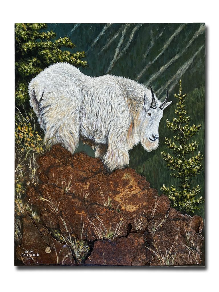 "Alpine Glow" Acrylic on wood panel with metal for rocks 16" x 20" 1.875" deep